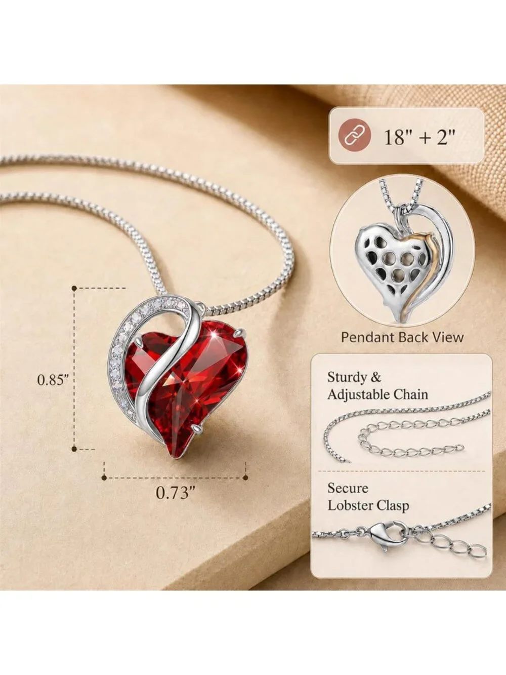 Sparkling Crystal Heart Pendant Necklace for Women, Adjustable 18